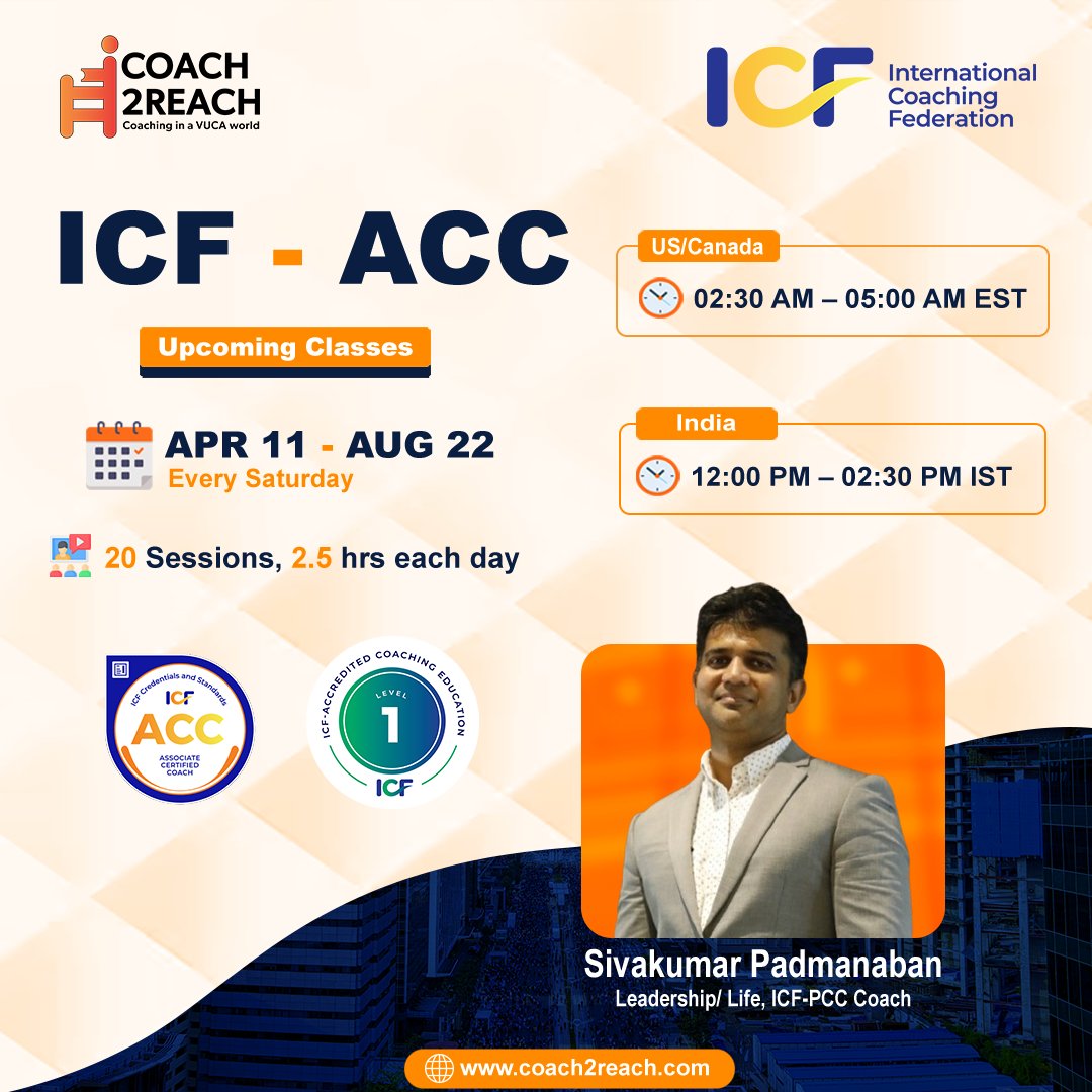 Coach2Reach's tweet image. &amp;lt;!--br {mso-data-placement:same-cell;}--&amp;gt;Caption: 🌟 ICF-ACC Certification Program
Associate Certified Coach

Start your professional coaching journey with a globally recognized credential from the International Coaching Federation (ICF).

#ICFACC #ICFCoaching