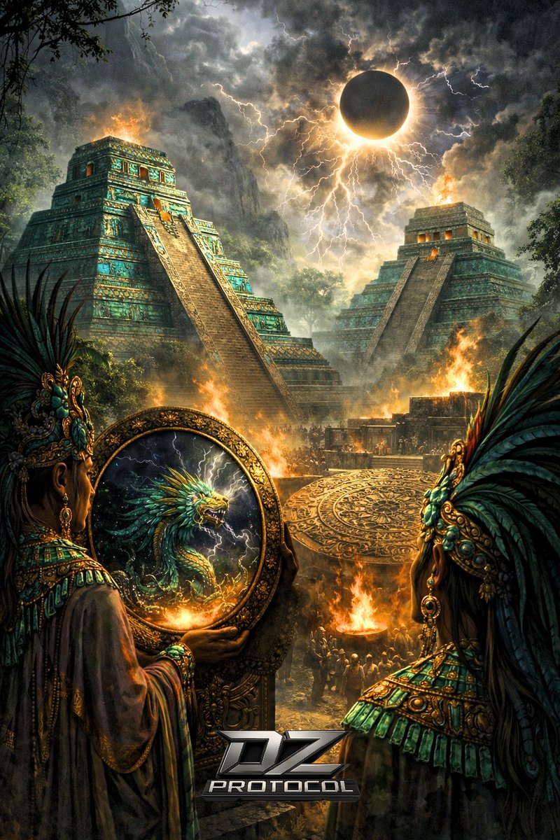 dz_protocol's tweet photo. Here is a prompt from I'd like to share from one of the 1000 prompt engines there!
DZ PROMPT PARADISE https://t.co/OII3W7fMwS

In the heart of a mist-shrouded jungle, monumental stepped pyramids encrusted with vibrant turquoise mosaics rise majestically, their carved basalt surfaces illuminated by jungle-filtered sunlight and the dramatic flicker of ceremonial fires casting long eclipse shadows across ancient stone calendars in bustling plazas. Jade-adorned priests in elaborate feathered headdresses gaze into obsidian mirrors reflecting cosmic visions of the feathered serpent Quetzalcoatl manifesting amid thunderstorm drama, evoking an atmosphere of raw ancient power through the intricate textures of featherwork, gold-leaf on obsidian, and the shimmering allure of turquoise against the verdant backdrop.
#dzprotocol #dzpromptparadise #aipromptgenerator