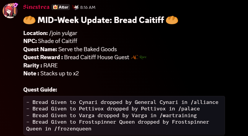 Datenshi6699's tweet photo. 🥖 MID-Week Update: Bread Caitiff 🥖

Something is not right with Serenity… 👀

She’s been making WAY too much bread lately 🥖
Like… what is she cooking behind the scenes??
Go check her out in Yulgar now!
she has new quest for us.

"Bread Caitiff House Guest"

* RARE AC TAGGED https://t.co/cGIxhpLlSq