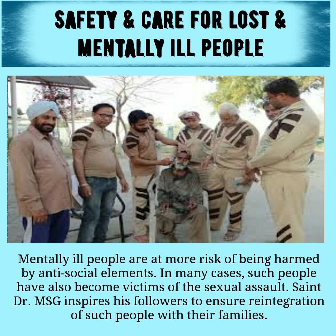 Following the initiative True Life the volunteers of Dera Sacha Sauda helps the mentally retarded people by providing them treatment and reunite with their families with the inspiration of Saint Gurmeet Ram Rahim Ji.
#HelpMentallyChallenged
