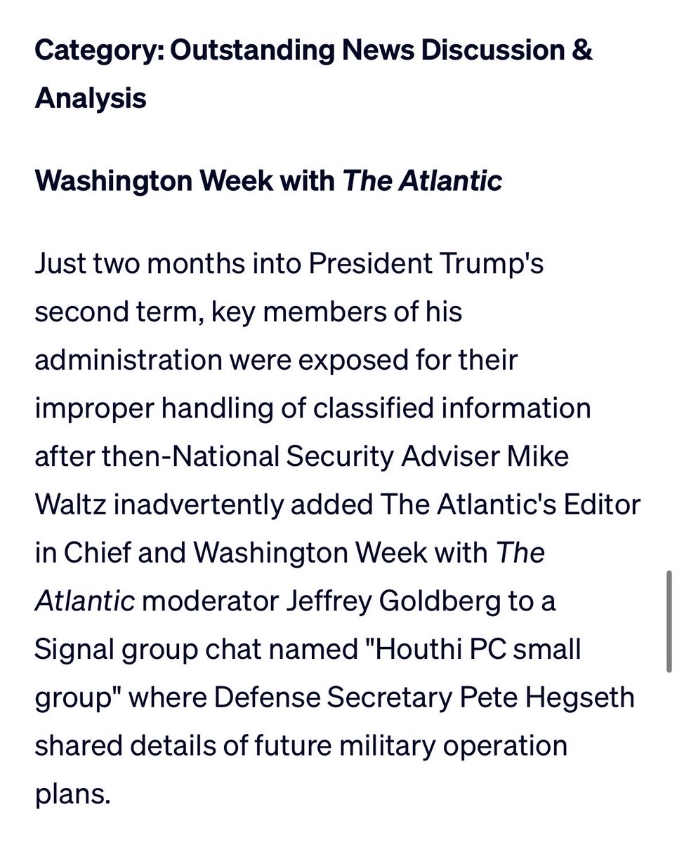 IAmAmnaNawaz's tweet image. And a case study in how to report a story when yourself in the middle of it, as @JeffreyGoldberg did with #Signalgate, led to this Emmy nod for @washingtonweek