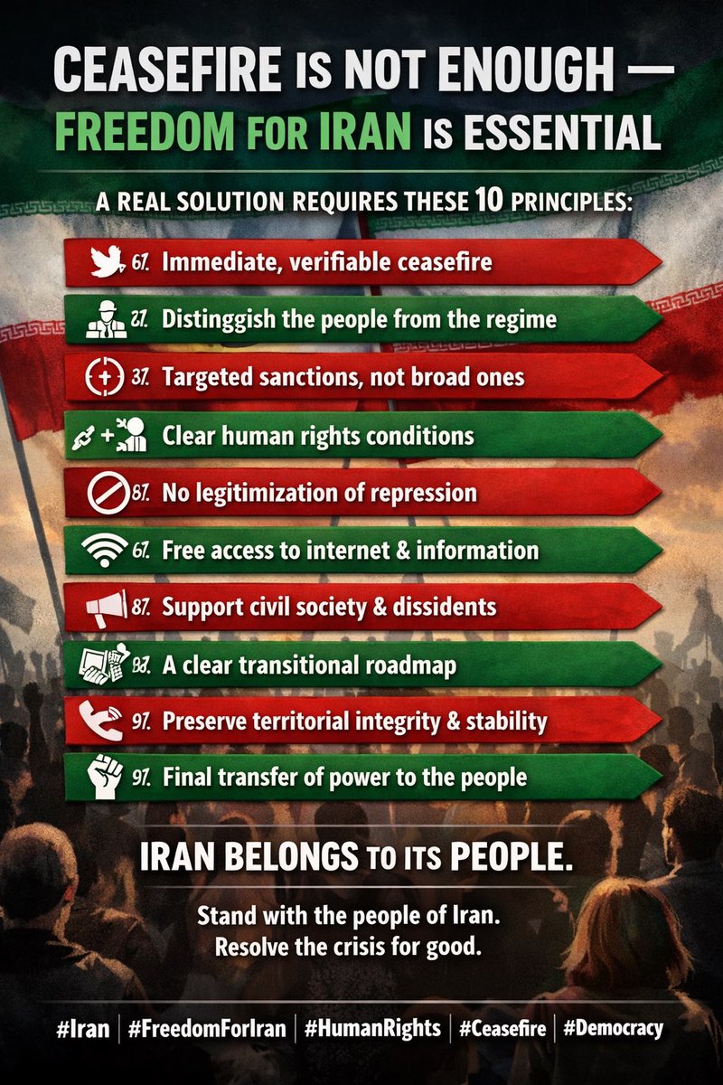 ALBERTRUSSELL's tweet photo. @mohsenjalali79 @realDonaldTrump 
Ceasefire is not enough. Freedom for Iran is essential.
Verifiable ceasefire  
Separate people from regime
Targeted sanctions
Free political prisoners  
No legitimizing repression  
Free internet
Support society  
Transitional roadmap  
Stability
Power 2 people https://t.co/ZaAYsdP0qa
