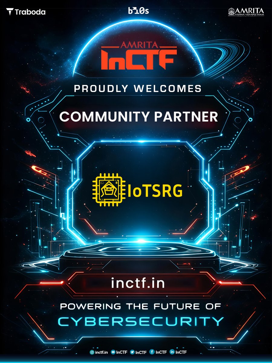 InCTF's tweet photo. We’re excited to welcome the IoT Security Research Group (ISRG) as our Community Partner for InCTF! 🤝🔐
The IoT Security Research Group is dedicated to advancing research, knowledge sharing, and innovation in IoT and cybersecurity.

Register now to be part of InCTF. https://t.co/dXUZNWqtFL