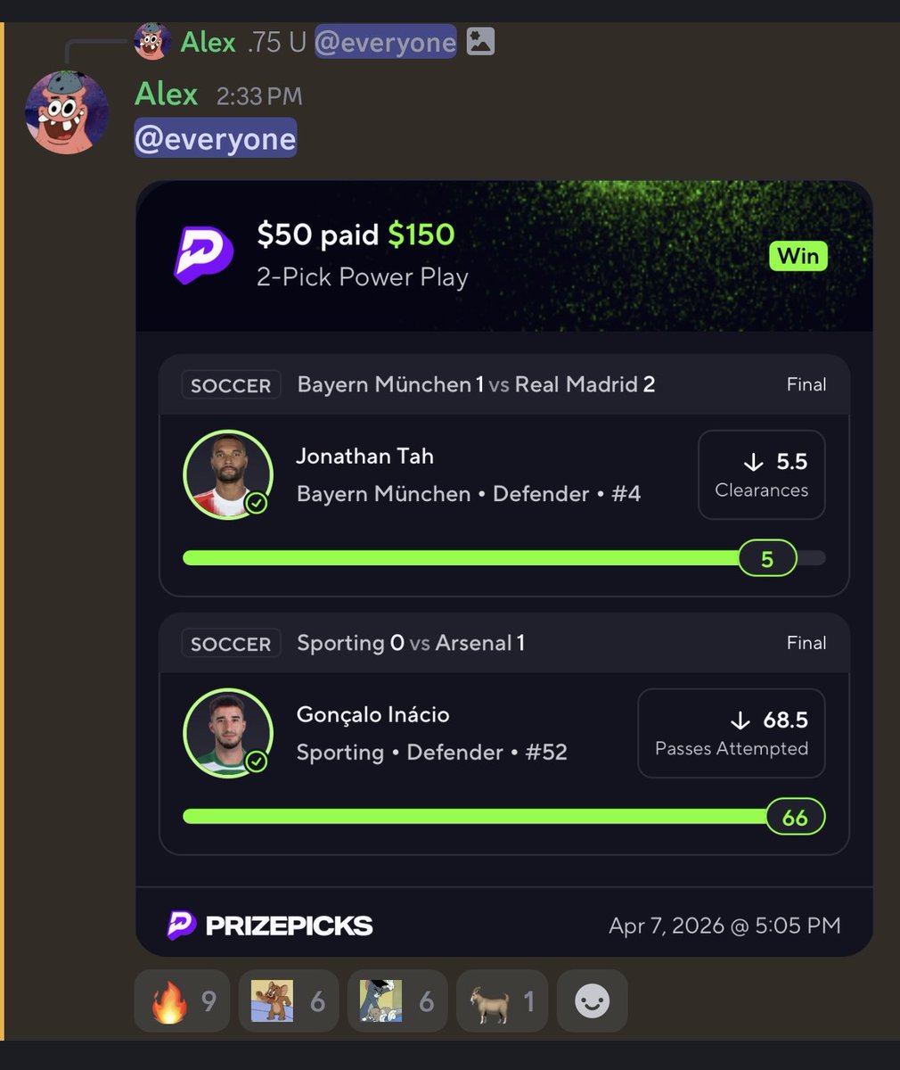 ALex_GoLaz0's tweet photo. Nuclear UCL day in premium✅✅ not only do we cash 3Xs but also consistent 10Xs and 6 mans ⚽️ join now to cash with us link in bio🤑 
@ProfitPulseWin 

#gamblingX #prizepicks https://t.co/6h7taDWdYK