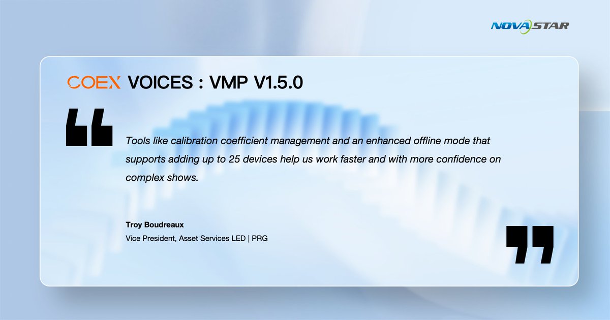 novastartech's tweet photo. COEX VOICES ๐๏ธ
@PRGlive's Troy Boudreaux talks about how VMP V1.5.0 has transformed his workflow โ highlighting enhanced offline mode supporting up to 25 devices and advanced calibration coefficient management.
#NovaStar #COEX #VMP #LEDManagement #LEDControl #LEDTechnology #UserExperience