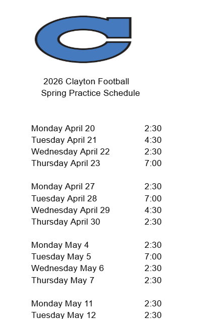 ClaytonCometsFB's tweet photo. Our upcoming Spring Practice Schedule: https://t.co/u2vF4EnANx