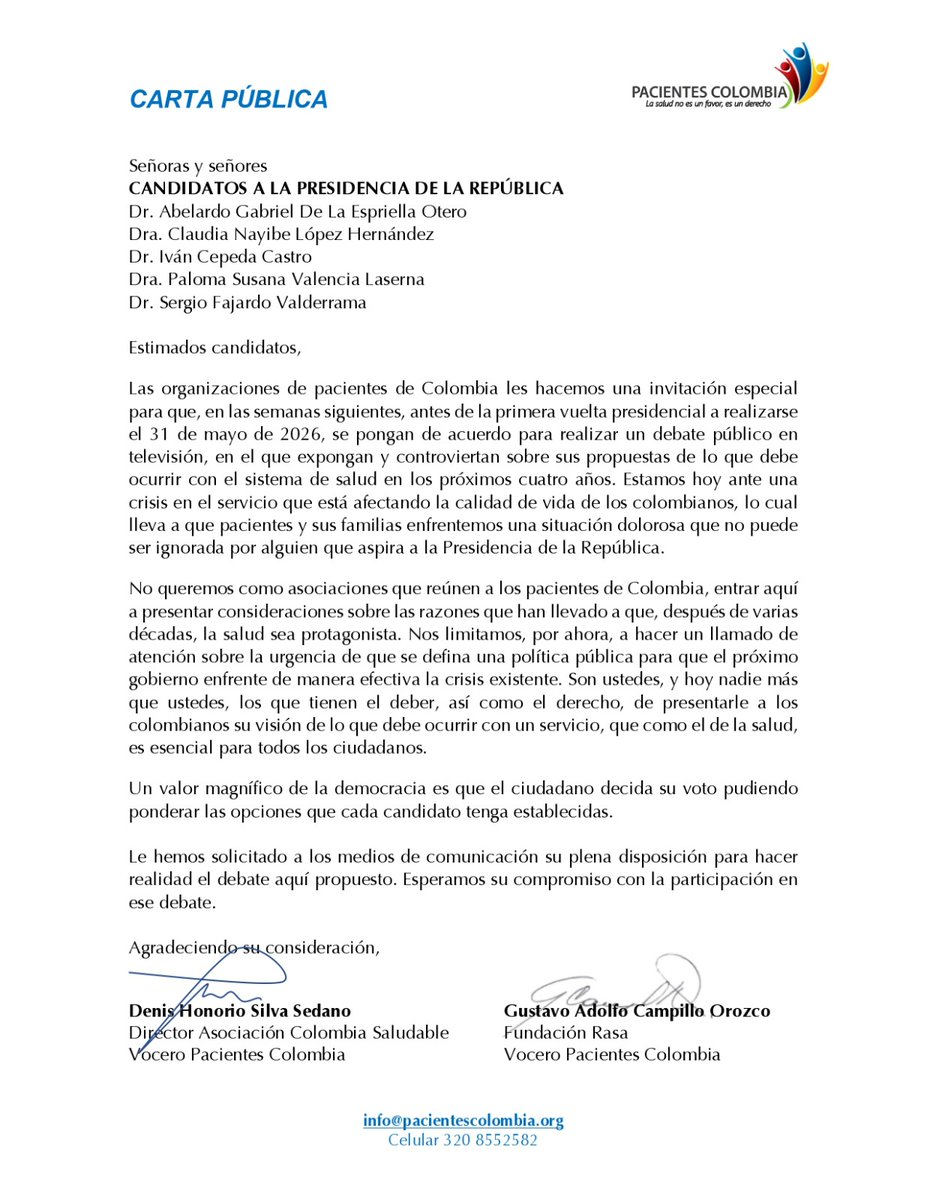 Pacientesco's tweet photo. Hacemos llamado urgente a los candidatos a la presidencia

No tenemos claridad sobre cómo van a resolver la crisis en salud. Sin propuestas concretas, sin compromisos, sin debate. SOLICITAMOS  a cada candidato a la presidencia que se siente a hablar del sistema de salud con respuestas reales

#DebateSalud #EleccionesColombia2026

@IvanCepedaCast
@PalomaValenciaL
@ABDELAESPRIELLA
@sergio_fajardo
@ClaudiaLopez