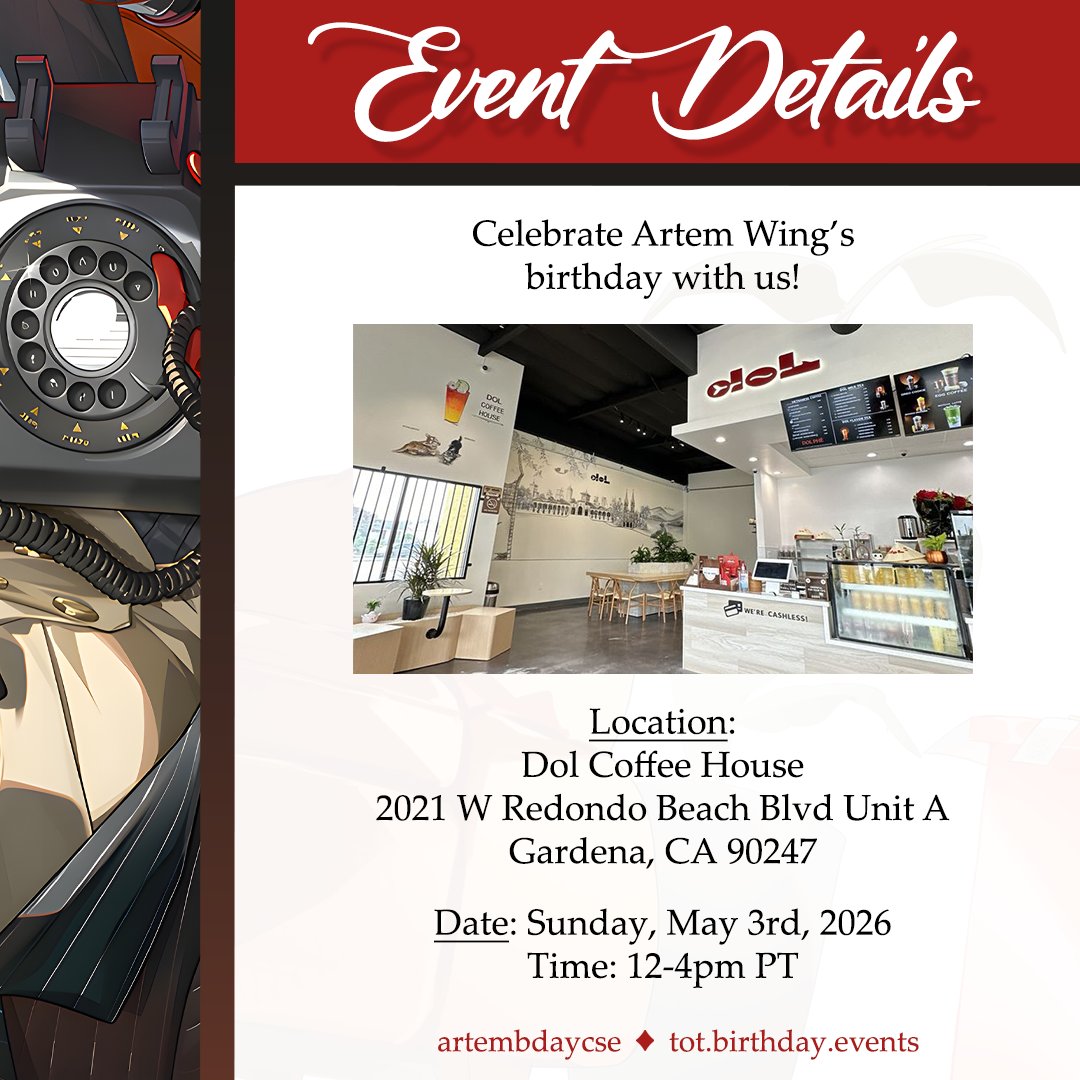 artembdaycse's tweet photo. ���️ 𝓣𝓱𝓪𝓷𝓴 𝔂𝓸𝓾 𝓯𝓸𝓻 𝓱𝓸𝓵𝓭𝓲𝓷𝓰. 

Our fan-hosted Artem Wing Birthday cupsleeve event will be held at:

📍Dol Coffee House
2021 W Redondo Beach Blvd Unit A Gardena, CA 90247
🗓️Sunday, May 3rd, 2026
🕛12-4pm PT

♡ + ↻ Appreciated!
#TearsOfThemis #ArtemWing https://t.co/ydso1P5Ngd