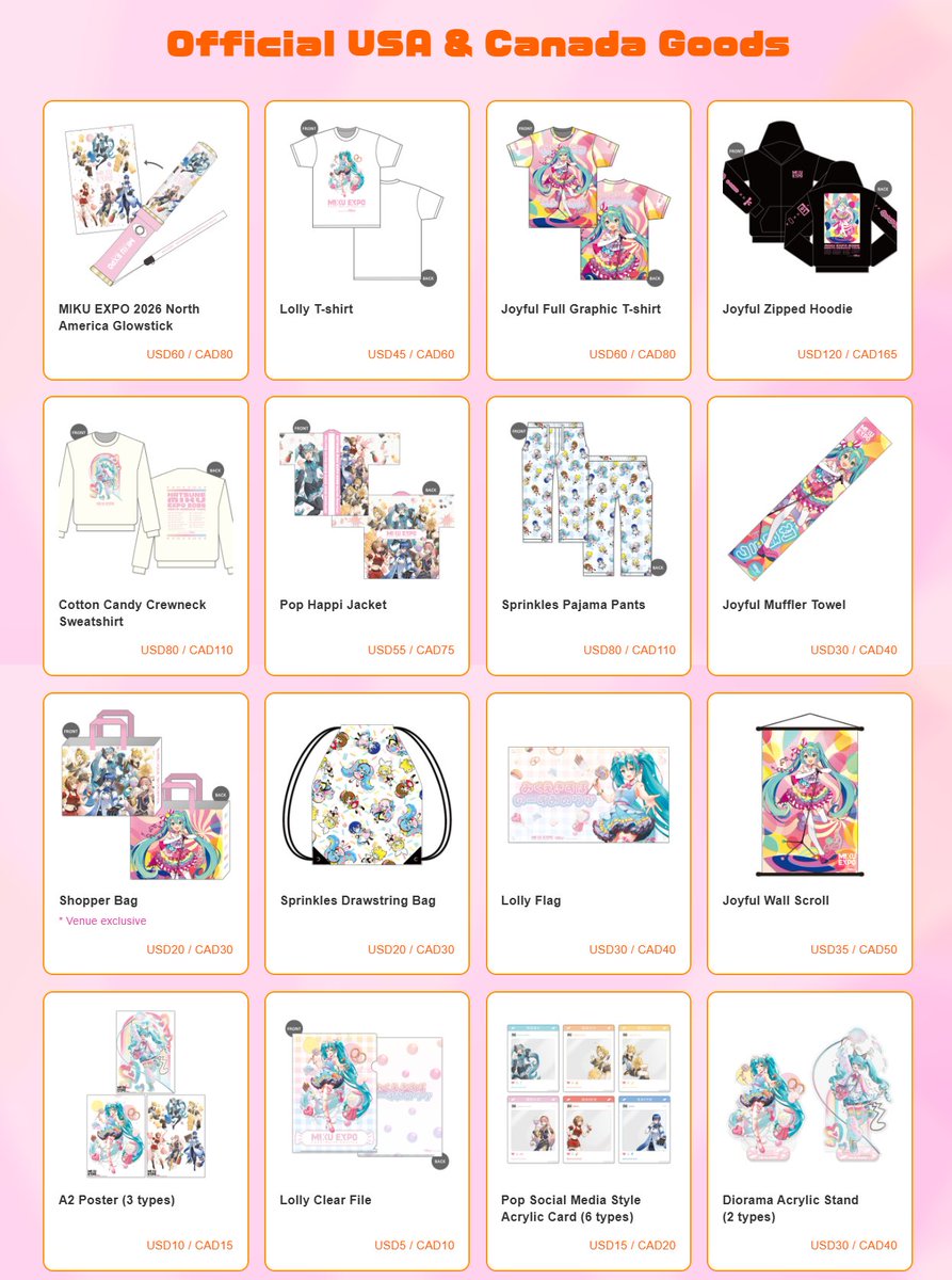 🌐MIKU EXPO 2026 North America グッズ🌐

北米ツアーグッズのオンライン販売が今週開始！

🍬販売期間：4月10日(金)10時 日本時間～
🍭オンライン限定商品あり
🍬50USD以上お買い上げの方にはステッカーをプレゼント

▼ラインナップは公式サイトをCHECK▼
mikuexpo.com/na2026/goods.h…