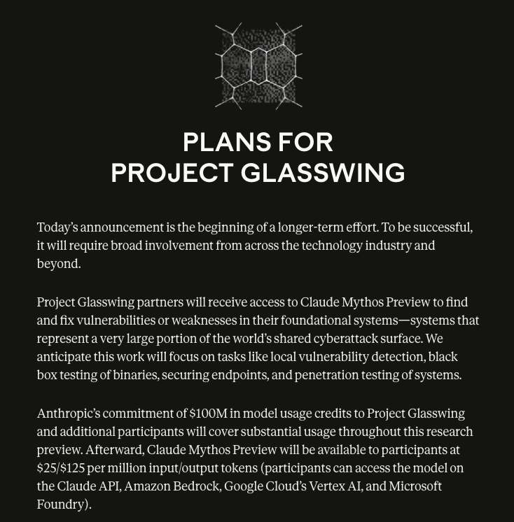 cursorvers's tweet image. こちらが根拠となっているようですね。

ご指摘の通り、Mythos Preview は通常のセルフサーブ公開モデルではなく、Anthropic公式ドキュメント上でも「Project Glasswing の一部として提供される招待制の research preview」とされています。