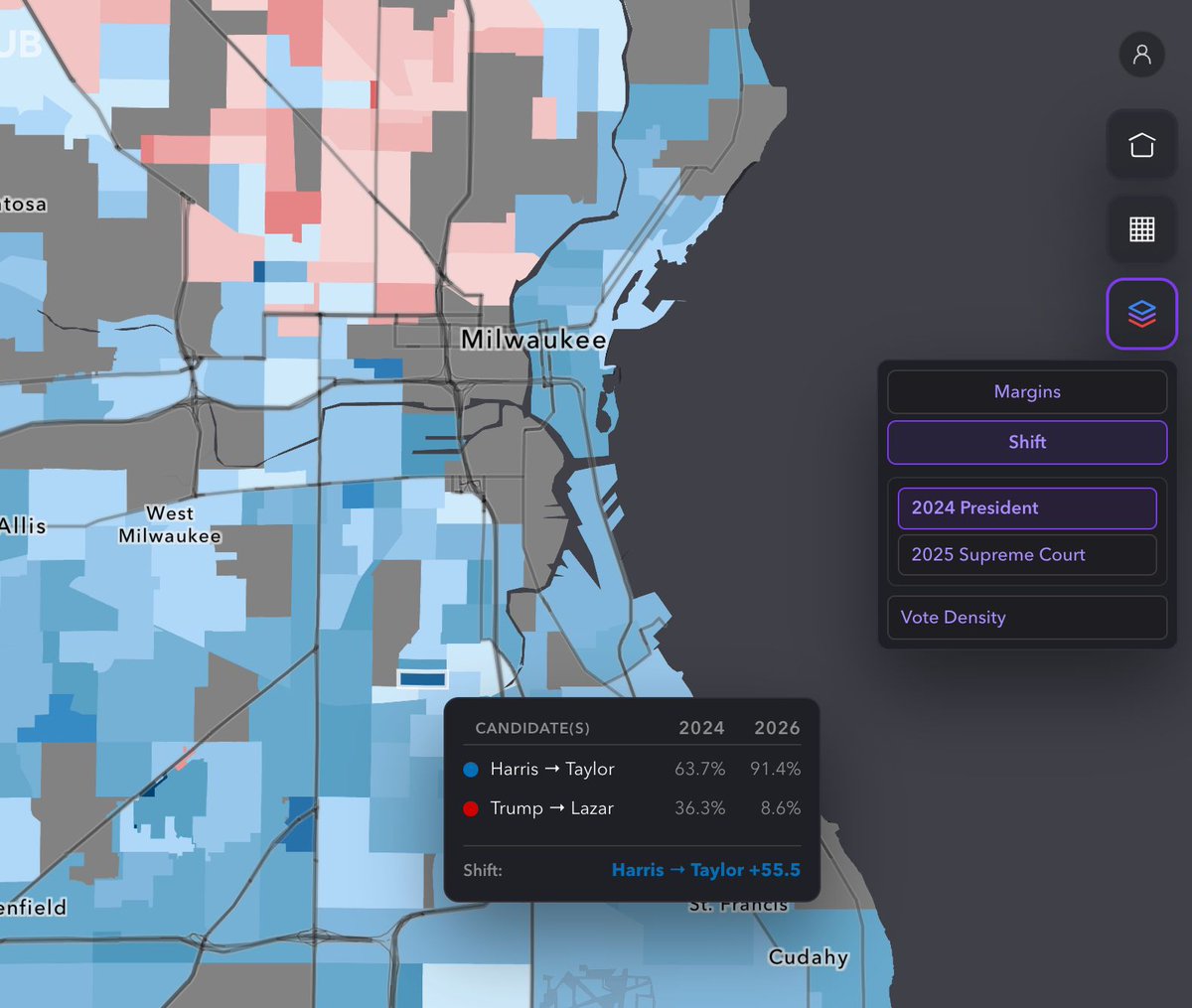 VoteHub's tweet photo. Heavily Hispanic areas on Milwaukee's south side are shifting sharply toward Democrats, with a 56-point swing in one Lincoln Village precinct. Taylor is getting 91% compared to Harris's 64%.

Milwaukee County overall is running 11 points more Democratic vs. 2024. https://t.co/pVpuD1Kr6V