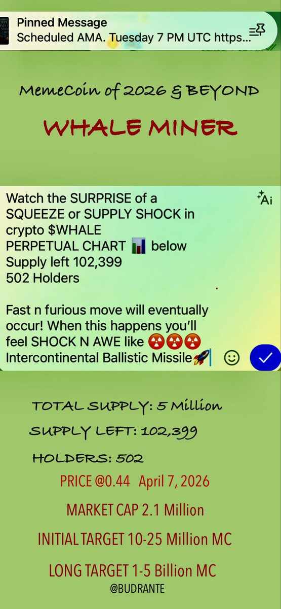 BudRante's tweet image. #initial run up $WHALE Miner
Utility: PREDICTION MARKET MC Billions
FYI: #Sports #UFC #Crypto

🚨
U missed #memecoins
$DOGE $SHIB $SAITAMA $PEPE

Very early
Only 2.6 million MC
Under 94,000 left in supply out of 5 million

Don’t get left behind
#CRYPTONews @YahooFinance 
@cnnbrk
