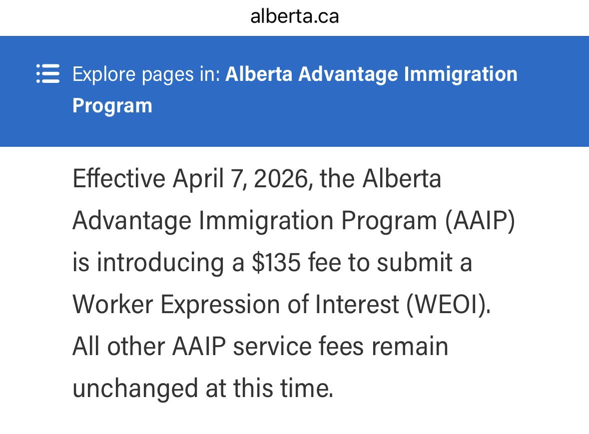 Olufemiloye's tweet photo. UPDATE from Alberta, Canada:

Starting from April 7, 2026, applicants will pay $135 to submit their Expression of Interest (profile) for the Alberta nominee program.

Details at https://t.co/ioqm7US4bC https://t.co/o8C0qXoztG