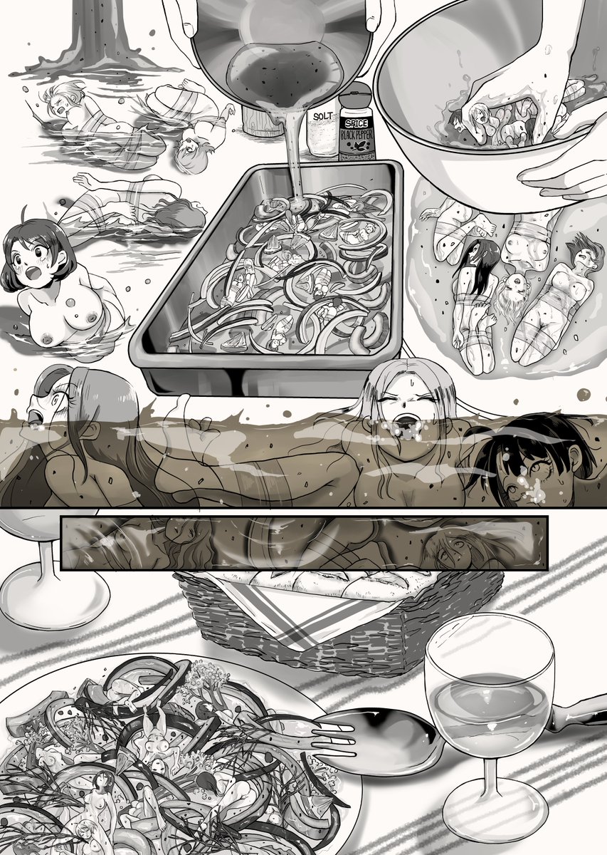 pixivリクエストありがとうございます！待たせてすまん！
微小女のマリネ
生きたままマリネ液に漬けることで、中までしっかり味が染みるよ
この調理法ええな…
沖漬けとかも描きたいわ