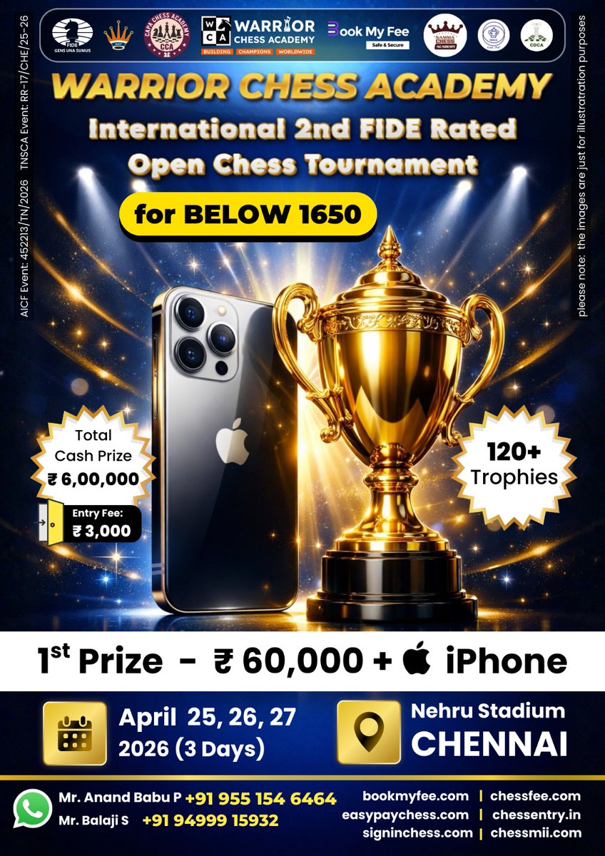 Capa_Coaching's tweet photo. *✨❤️ Win an iPhone!! ❤️✨*

> *Who can Participate?*
*_✅ Unrated Players_*
*_✅ Below 1650 Rated Players_*
*_✅ Any Age, State, Country_*

*🔗 Brochure:*
*https://t.co/GFZF2xlJfc*

*💎 Register Now:* 
*👉 https://t.co/cyjyOS8fKD* https://t.co/h29BcF9GBb