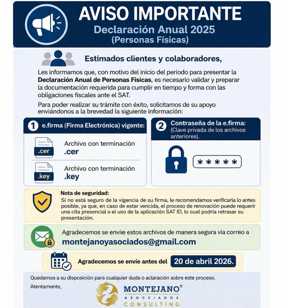 montejano_group's tweet photo. Solicitud❗️Para presentar la Declaración Anual de Personas Físicas, es necesario validar y preparar la siguiente documentación: 

1️⃣ e.firma (Firma Electrónica) vigente

2️⃣ Contraseña de la e.firma 

#anual #perdonasfísicas #declaracionanualpersonasfìsicas #declaraciónanual #sat https://t.co/Qqo0oAy9R3