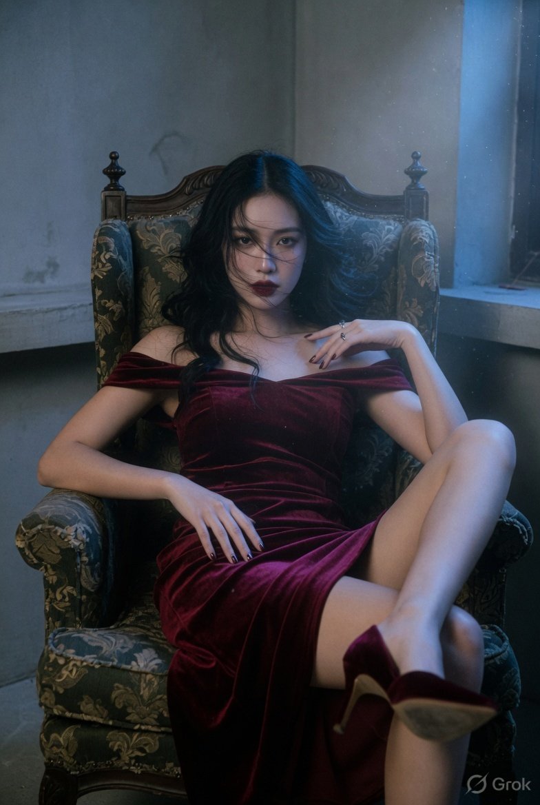Ankit_patel211's tweet image. Grok Imagine Quality Mode 

Prompt inspired by @PeterPanLam1990 

Prompt :

hyper-realistic fashion editorial shot east asian beauty seated in high-back wing chair dramatic angled pose, long wavy black hair flowing naturally, controlled intense gaze lips softly parted, right hand