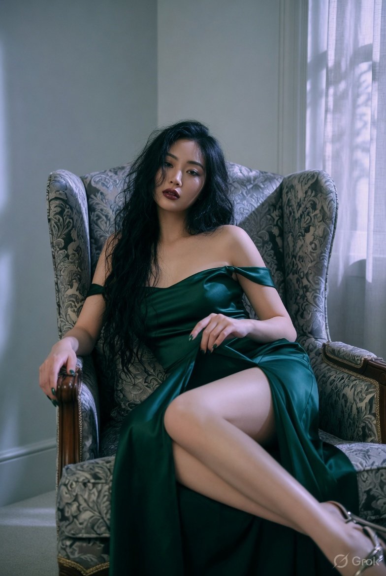 Ankit_patel211's tweet image. Grok Imagine Quality Mode 

Prompt inspired by @PeterPanLam1990 

Prompt :

hyper-realistic fashion editorial shot east asian beauty seated in high-back wing chair dramatic angled pose, long wavy black hair flowing naturally, controlled intense gaze lips softly parted, right hand