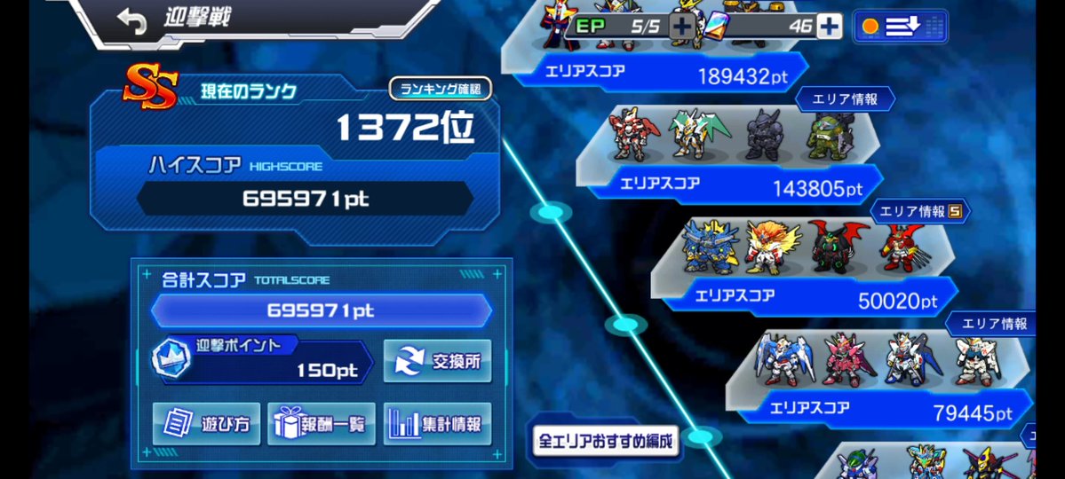 前回まで運が良くてSランク、ヘマするとAランク止まりだったポンコツがここまで来る事が出来ました。
ここからチョコチョコ編成イジってスコア落とすオチが想像できるwww
#スパロボDD