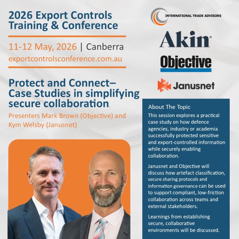 janusnet's tweet photo. Working with international defence partners or sharing IP across allied networks?

Join Mark Brown (Objective) &amp; Kym Welsby (Janusnet) at the Export Controls Training Conference, May 11–12, Canberra.

Register: https://t.co/pZHzLvejuZ

#exportcontrols #cybersecurity #defence https://t.co/TjMvBkJg8D