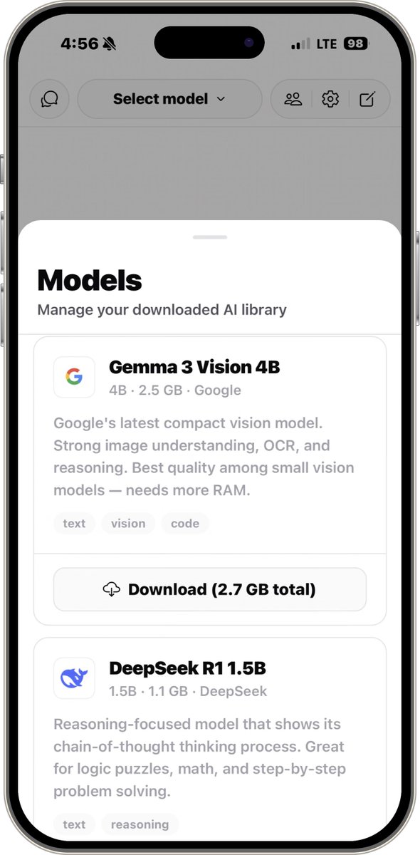 APPS_RH's tweet image. جديد 
للايفون

Mindute AI هو مساعد الذكاء الاصطناعي الخاص على الجهاز لجهاز iPhone الذي يعمل في وضع عدم الاتصال، مما يضمن خصوصية البيانات. يسمح للمستخدمين بتنزيل وتشغيل أحدث نماذج اللغات مفتوحة المصدر وتحليل الصور واستخراج النص من المستندات.

apps.apple.com/us/app/mindute…