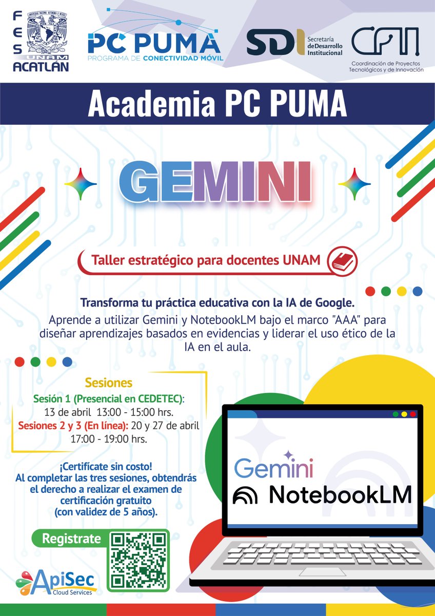FES_ACATLAN's tweet photo. ¡Certifícate sin costo! 🤩🤩🤩 y aprende · G E M I N I · desde cero ❤️💚💛💙
Asiste a las 3 sesiones y obtén el exámen de certificación SIN COSTO alguno y con validéz por 5 años 🥳🥳🥳
Transforma tu forma de enseñar y de aprender con la Academia #PCPUMA 🐾 #ACÁnosVemos
Si eres alumn@ regístrate #ACÁ 👉 https://t.co/gyGYZSx8ro
Si eres docente regístrate #ACÁ 👉 https://t.co/5HxlPhp4cZ