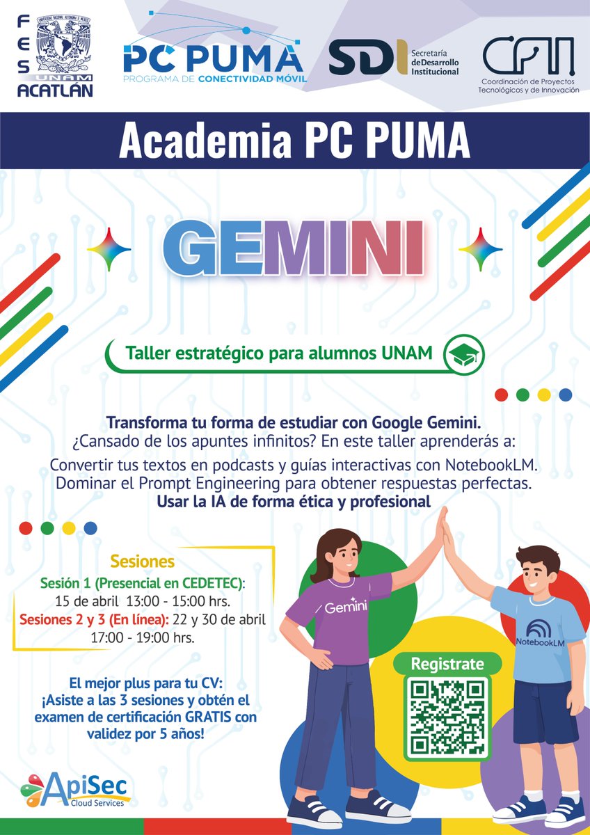 FES_ACATLAN's tweet photo. ¡Certifícate sin costo! 🤩🤩🤩 y aprende · G E M I N I · desde cero ❤️💚💛💙
Asiste a las 3 sesiones y obtén el exámen de certificación SIN COSTO alguno y con validéz por 5 años 🥳🥳🥳
Transforma tu forma de enseñar y de aprender con la Academia #PCPUMA 🐾 #ACÁnosVemos
Si eres alumn@ regístrate #ACÁ 👉 https://t.co/gyGYZSx8ro
Si eres docente regístrate #ACÁ 👉 https://t.co/5HxlPhp4cZ