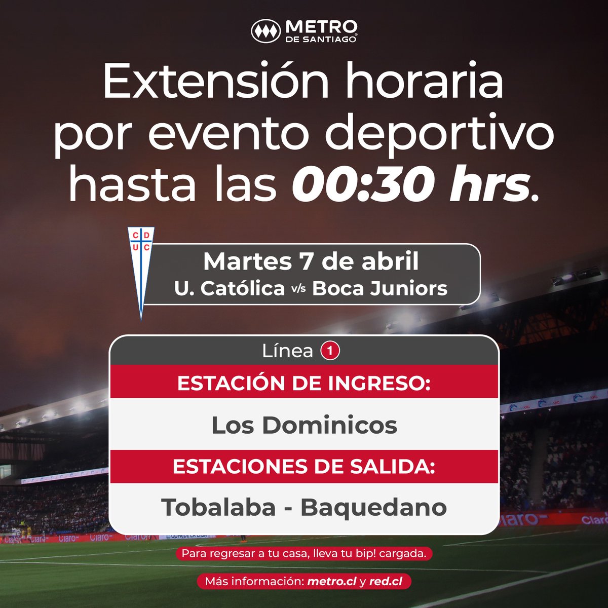 metrodesantiago's tweet image. 22:00 hrs. Cerramos la jornada por hoy. Pero nos leemos más tarde para la extensión horaria por evento deportivo. 

Recuerda que la extensión horaria es hasta la 00:30 hrs., en algunas estaciones de #L1.