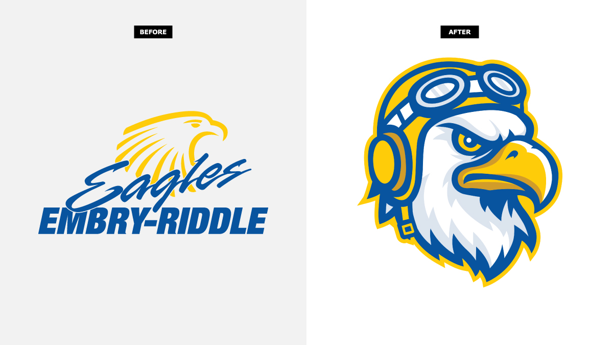 college_logos's tweet image. New brand for the Embry-Riddle Eagles of Florida &amp;amp; NCAA Division II featuring Ernie the Eagle mascot head logo as the Primary. The Aeronautical University (ERAU) focuses on aviation and aerospace programs. 
#GoERAU #newlogo