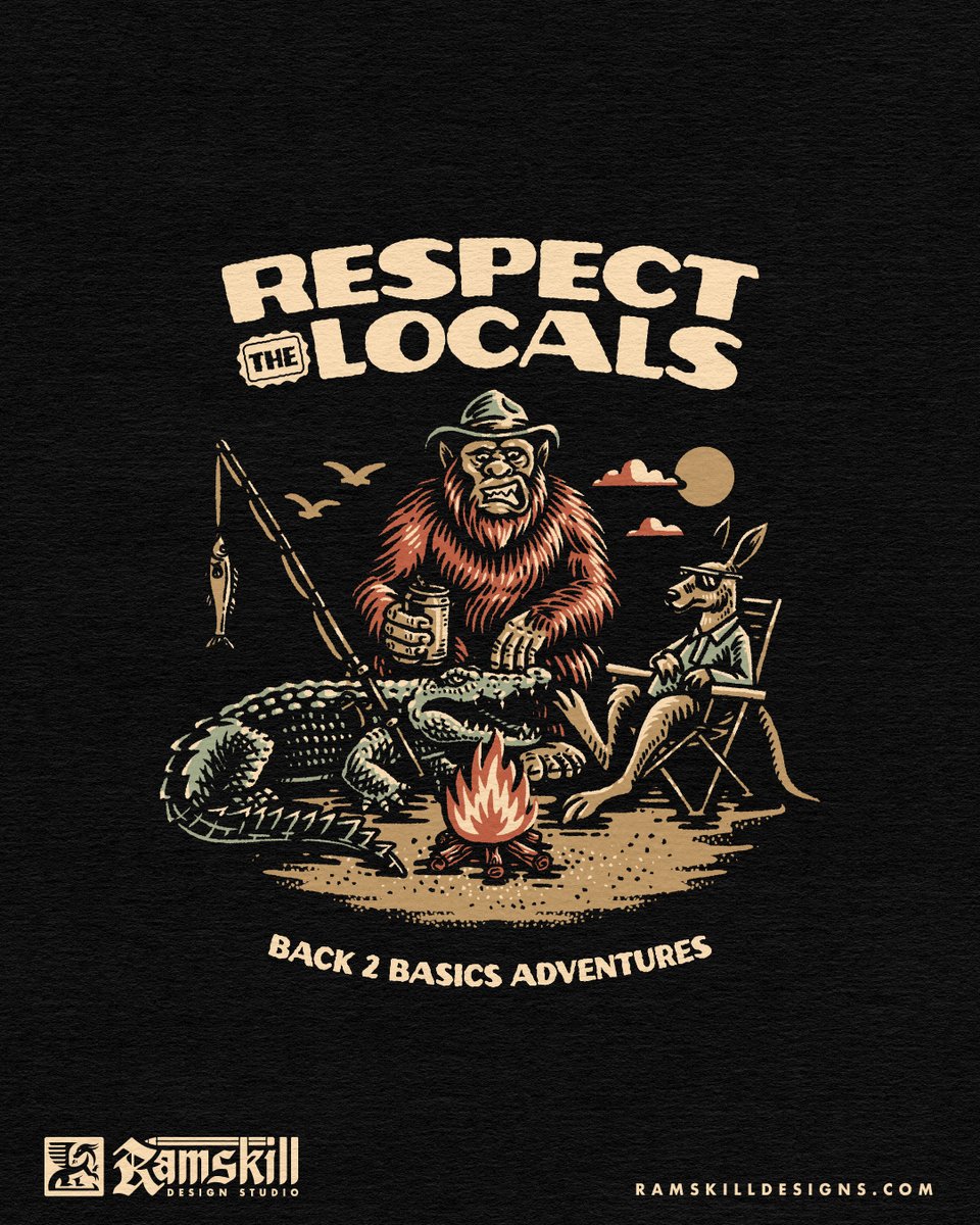 philustrations's tweet image. Respect The Locals 🦘🐊 Back 2 Basics Adventures wanted a scene packed with Aussie character,  this is what happened. A Yowie, a croc, a kangaroo, and a campfire. Swipe to see the full build.

#AustralianDesign #MerchDesign #Illustration #RespectTheLocals #RamskillDesignStudio