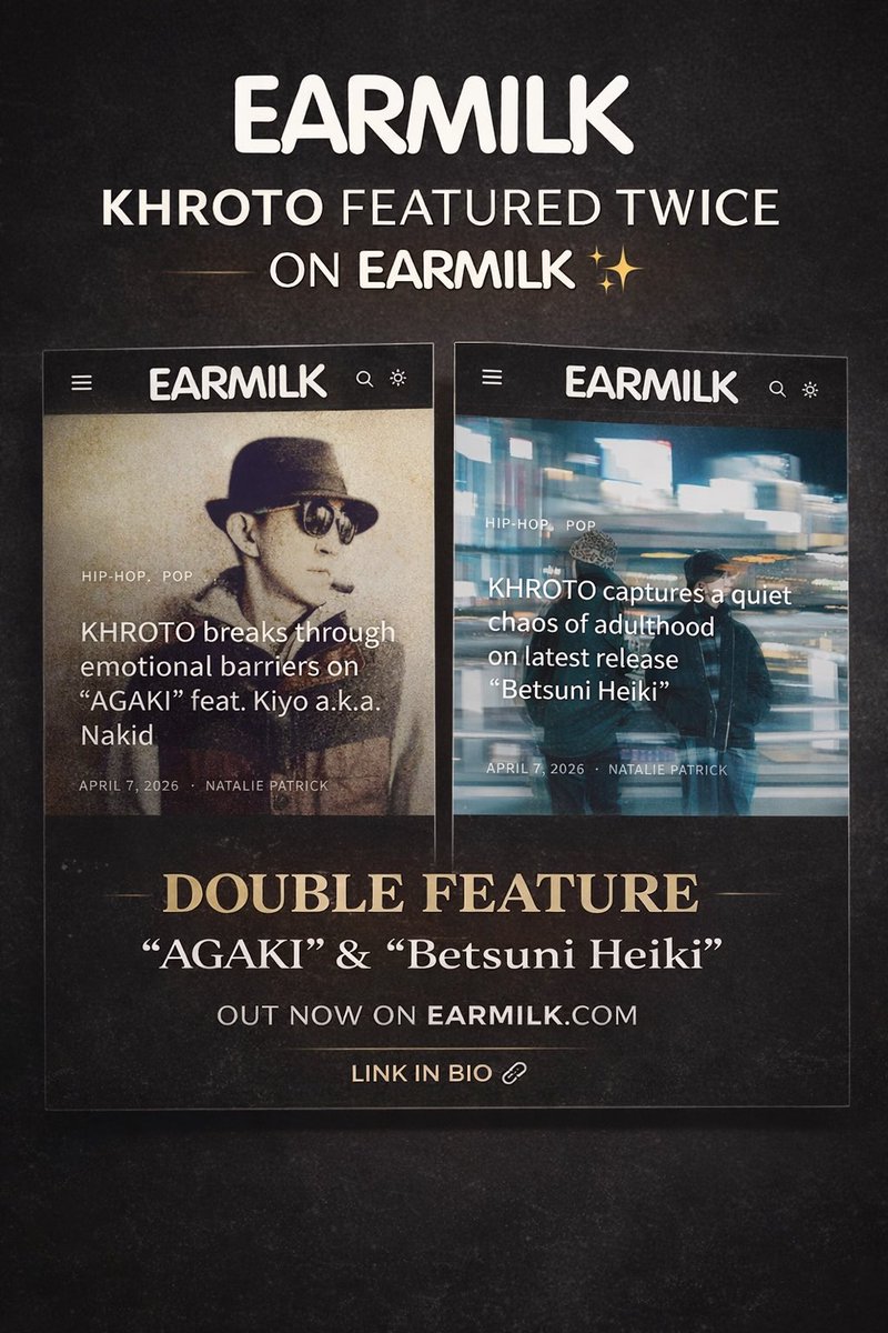 KhronosBeatz's tweet image. Featured twice on EARMILK ✨

“AGAKI” &amp;amp; “Betsuni Heiki”

Really appreciate the support.
@EARMILK 

EARMILKにて2曲掲載されました。
ぜひチェックしてみて下さい。

#KHROTO #NewMusic 

@yuka08520852 
@akaxxxhidekichi 
@lunpekiyo 
@onodub_ondb 
@Official_BIBOX