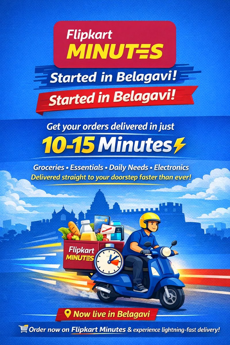 Belagavi_infra's tweet photo. After #Zepto, #Instamart, #Blinkit & #JioMart - now Flipkart Minutes begins quick delivery in Belagavi!
Get your daily essentials, groceries, electronics & more delivered to your doorstep in just 10–15 minutes ⚡🛵
#FlipkartMinutes #Belagavi @Flipkartminutes #QuickDelivery https://t.co/TULu0wNMmu