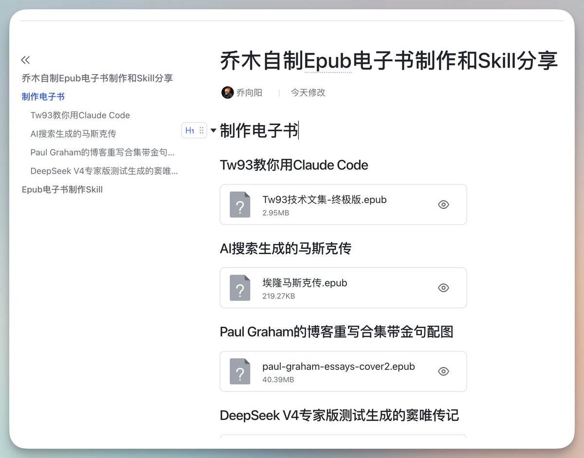 vista8's tweet image. 一句话生成Epub电子书Skill开源了！

可以把任意博客文章、AI生成Markdown、AI搜索文档，生成带TOC目录的 EPUB 电子书。

能自动下载内嵌图片、完美渲染代码块、生成专业封面，兼容微信读书和 Apple Books。

安装指令：
npx skills add joeseesun/qiaomu-epub-book-generator