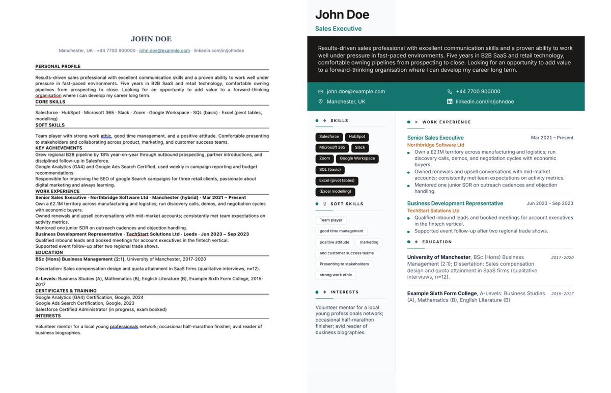 itsmontel's tweet photo. Recruiters spend 7 seconds on a resume. The left version loses them in 3. The right version keeps them reading. Structure is doing more work than you think.

This is what Vivoresume does. Upload your resume, get it back looking like the right side. Multiple templates to choose from to transform your resume instantly. 

Free to try at https://t.co/e3uBWDFzLn

Time to let your resume do the talking.