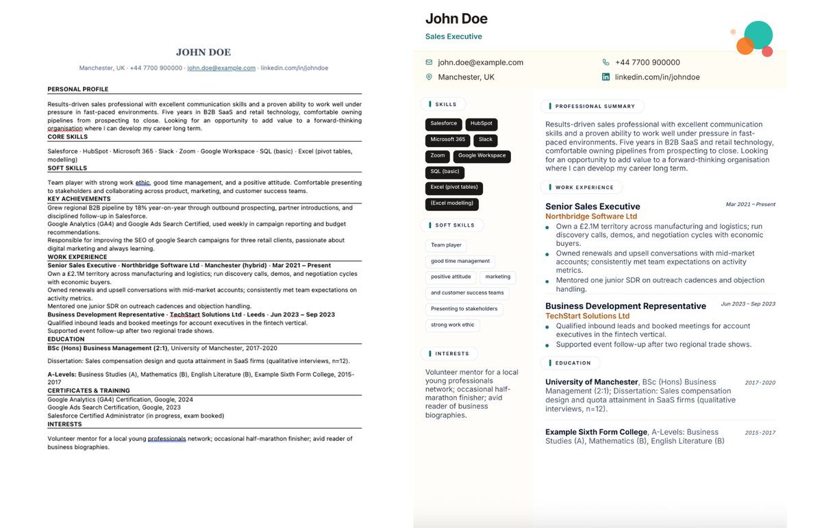 itsmontel's tweet photo. Recruiters spend 7 seconds on a resume. The left version loses them in 3. The right version keeps them reading. Structure is doing more work than you think.

This is what Vivoresume does. Upload your resume, get it back looking like the right side. Multiple templates to choose from to transform your resume instantly. 

Free to try at https://t.co/e3uBWDFzLn

Time to let your resume do the talking.