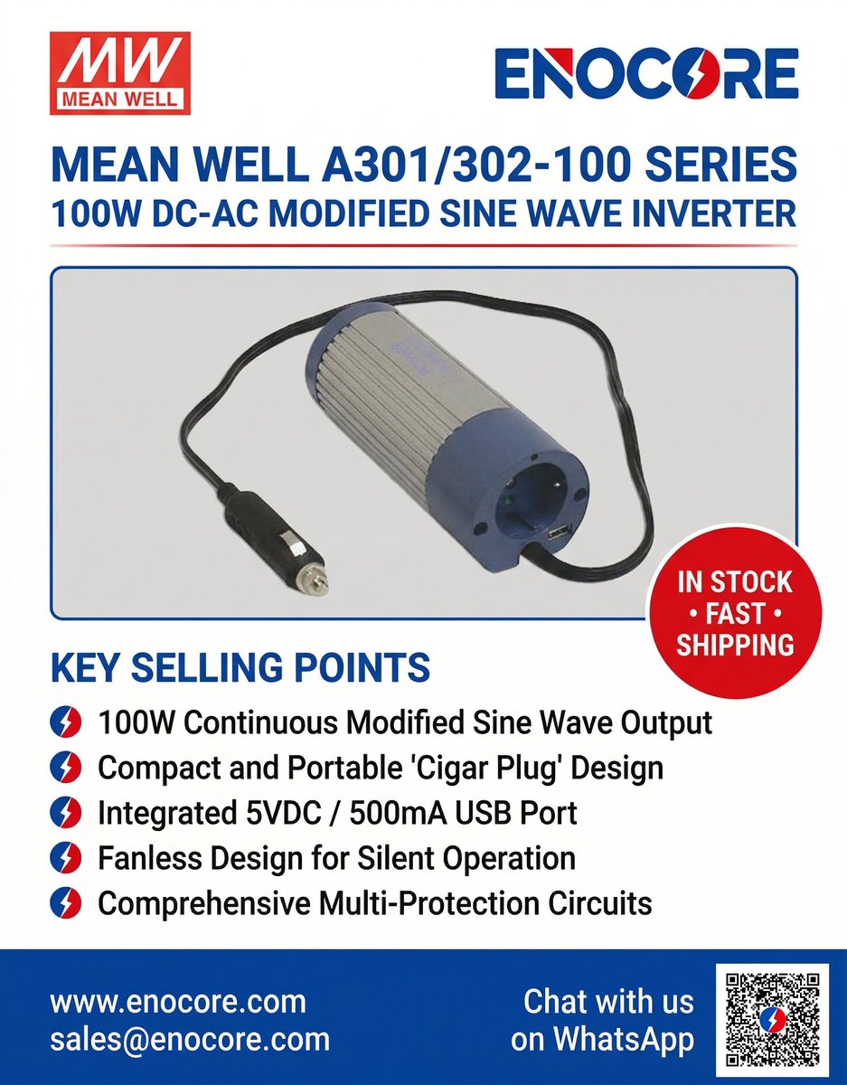 enocorecom's tweet photo. Power your mobile office with the MEAN WELL A301/302-100 Series! ⚡️This compact 100W inverter fits right in your cup holder. Silent, fanless, and ready for the road.📍 Models:🔹 A301-100-F3 (12V) 🔹 A302-100-F3 (24V) Shop now: 🌐 https://t.co/LdYw12CtYR📧 sales@enocore.com https://t.co/6HCJGVqfXp
