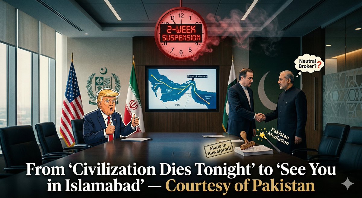 AnuragPunetha's tweet photo. After warning that 'an entire civilization will die tonight,' Trump has gracefully agreed to a 2-week suspension of attacks on Iran.
#Pakistan , a country that struggles to keep its own house in order, has suddenly emerged as the indispensable mediator between Trump and Iran.

Apparently, Pakistan has emerged as the newest miracle worker in diplomacy.

Thread 👇 

#Hormuz #UNSC #Diplomacy
#IndianDiplomacy #WorldAffairs #Geopolitics