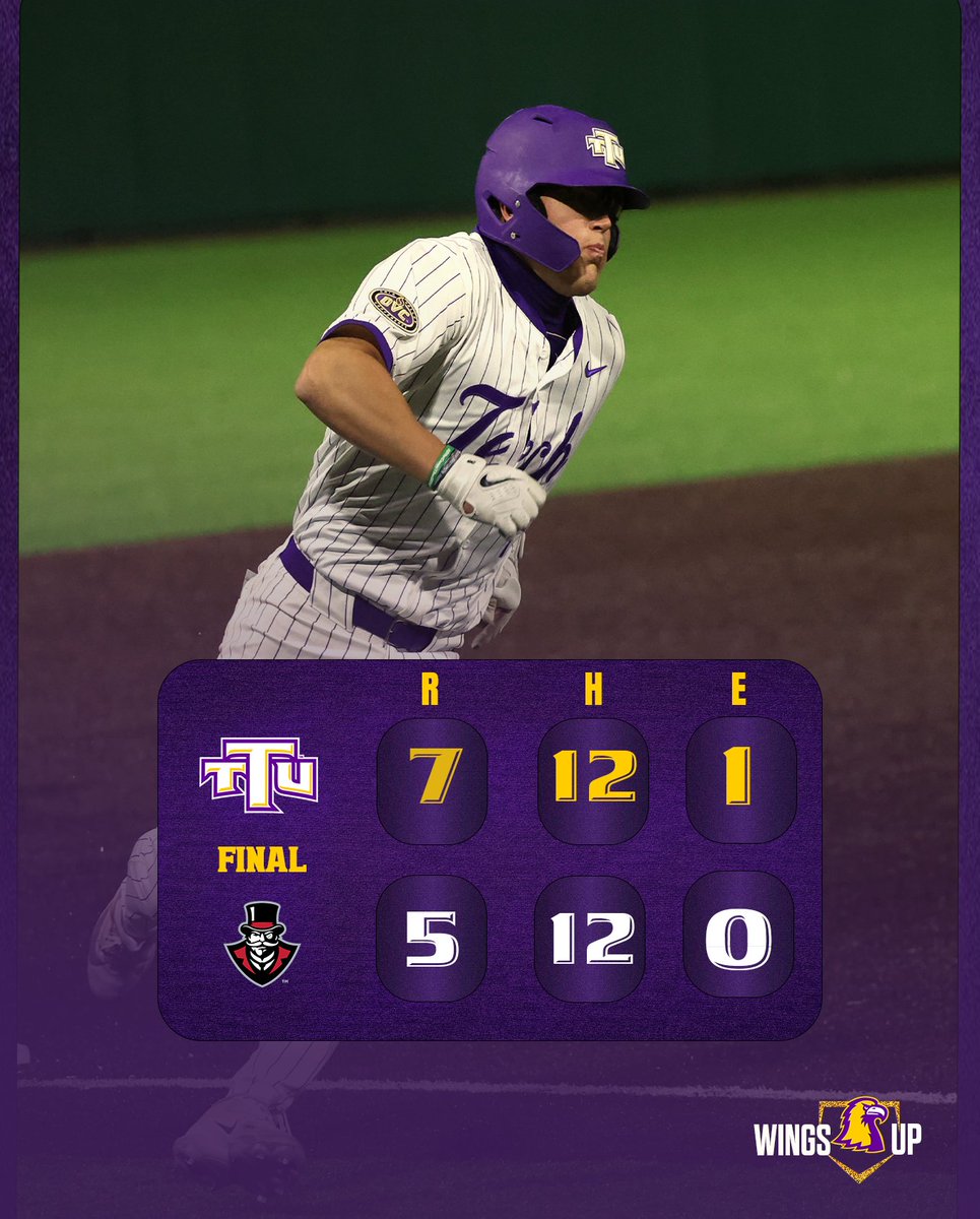 TNTech_Baseball's tweet photo. 𝐆𝐎𝐋𝐃𝐄𝐍 𝐄𝐀𝐆𝐋𝐄𝐒 𝐖𝐈𝐍!

Tech takes a midweek 7-5 over Austin Peay! 

#WingsUp 🦅 https://t.co/w7aYdwjBQ7
