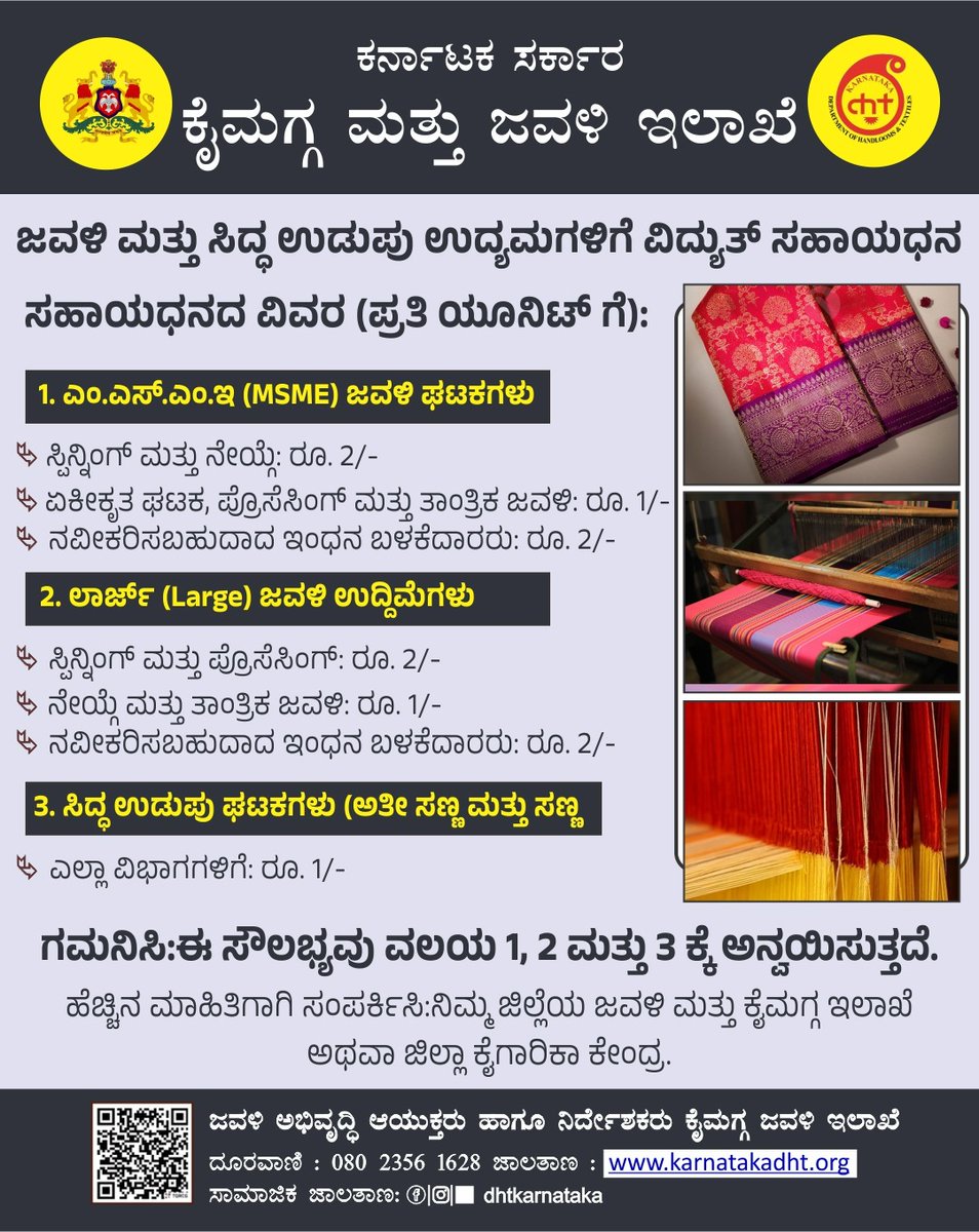dhtkarnataka's tweet photo. "ಜವಳಿ ಮತ್ತು ಸಿದ್ಧ ಉಡುಪು ಉದ್ಯಮಗಳಿಗೆ ವಿದ್ಯುತ್ ಸಹಾಯಧನ"

ಕರ್ನಾಟಕ ಸರ್ಕಾರದ ಜವಳಿ ಮತ್ತು ಕೈಮಗ್ಗ ಇಲಾಖೆಯು ರಾಜ್ಯದ ಜವಳಿ ಉದ್ಯಮವನ್ನು ಉತ್ತೇಜಿಸಲು ಮತ್ತು ಉತ್ಪಾದನಾ ವೆಚ್ಚವನ್ನು ತಗ್ಗಿಸಲು ಭರ್ಜರಿ ವಿದ್ಯುತ್ ಸಹಾಯಧನ (Electricity Subsidy) ಯೋಜನೆಯನ್ನು ಜಾರಿಗೆ ತಂದಿದೆ. 

#handloomsandtextiles #textilepolicy https://t.co/cKLxcPufqL