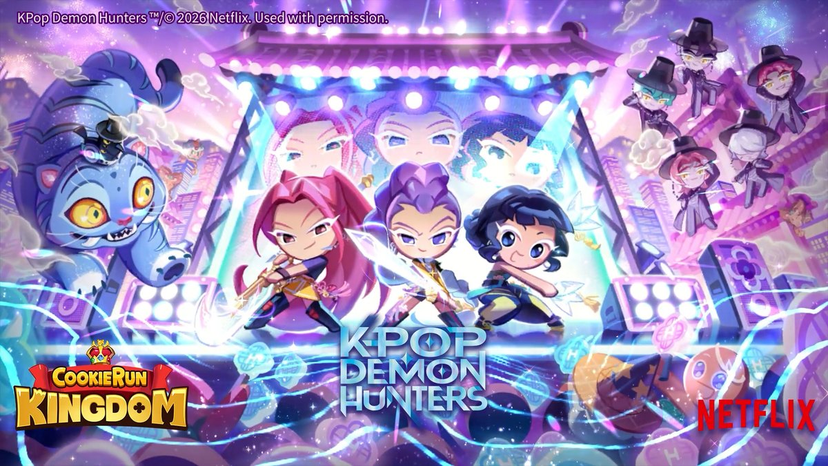 CRKingdomEN's tweet image. Cookies with voices capable of driving away darkness are coming to the Cookie Kingdom! 🎤  
Check out the KPop Demon Hunters X CookieRun: Kingdom collab right now! ✨

🗺️ New Special Episode: HUNTR/X Show in the Cookie World!
💜 HUNTR/X Cookies
🖤Saja Boys Cookies
👚HUNTR/X