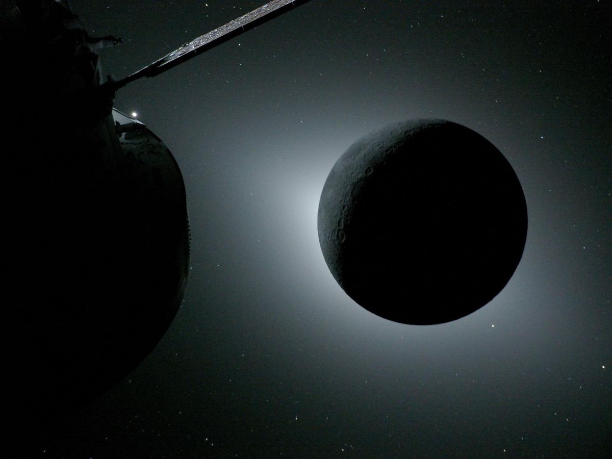 Astro_Naoko's tweet image. #Artemis II Orion’s external camera captured a #SolarEclipse hidden by the Moon 🌒
#アルテミス2 が撮影した #日食 (太陽が月に隠れています)。SFのような光景です！真っ暗な宇宙空間では光と闇の対比が強烈ですが、この日食はどんな感じなのか見てみたくなります…🌒 Photo(c)NASA