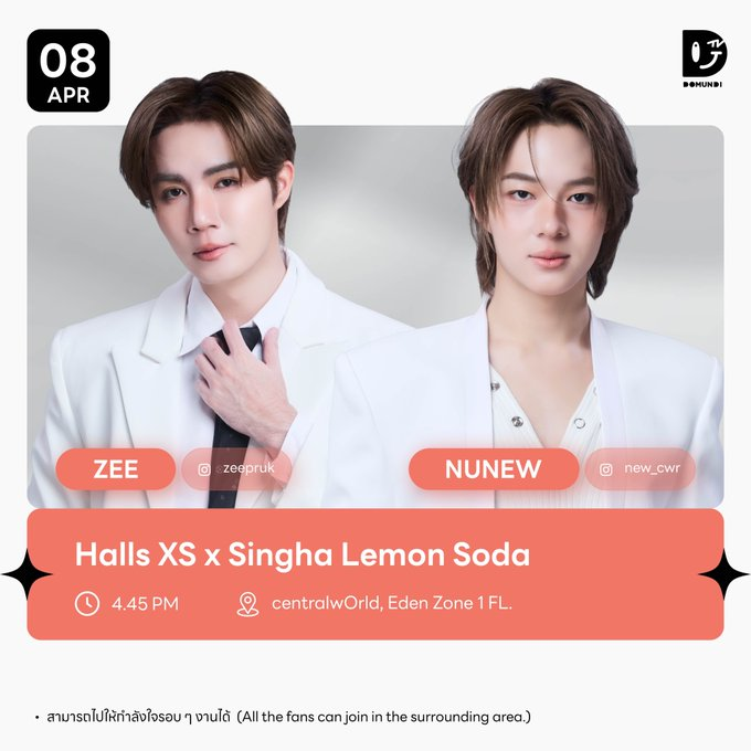ZeeNunew_BR's tweet photo. #ZNNschedule
🗓 : 08.04.2026
Halls XS x Singha Lemon Soda
⏰ : 6:45 AM AM (horário de Brasília 🇧🇷)
📢 : Você pode ir dar apoio ao redor do evento.
#️⃣: #.HallsXSxZeeNuNew
@zee_pruk & @CwrNew
#ซนซน ♡ #NanaNu ♡ #Zunshine https://t.co/ge6XP5pHUI