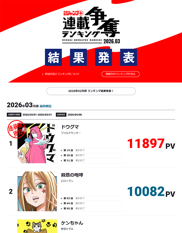 結果発表】 ジャンプ＋連載争奪ランキング 2026年3月期の結果を発表
