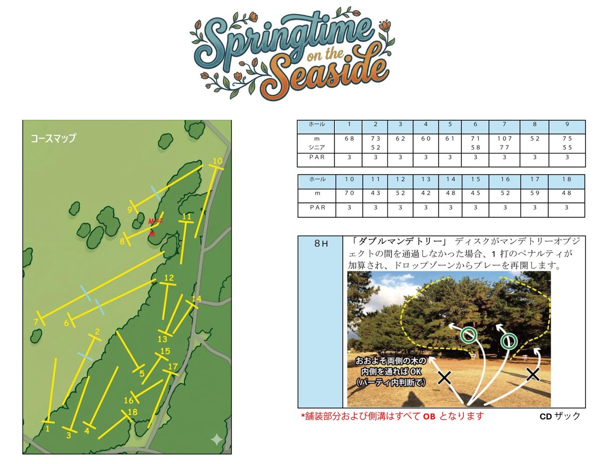 📢今週4月11日(土)茨城県国営ひたち海浜公園で、ひたち海浜公園ディスクゴルフマンスリーを開催いたします。予約は不要です。当日12時前までにコースへお越しください。初心者の方はフロントティーから投げることも可能です。
