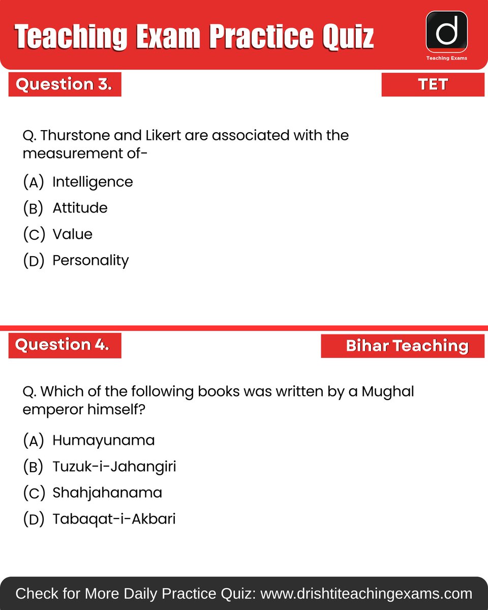 Drishtiteaching's tweet image. Today’s daily practice quiz is here 📚 Try it and check your score!

More such available on Drishti Teaching Exams Website for daily practice.

#UGC #TET #TGT #PGT #BiharTeaching #MCQ #PracticeQuiz #PYQ #TeachingMCQ #DrishtiTeachingExams
