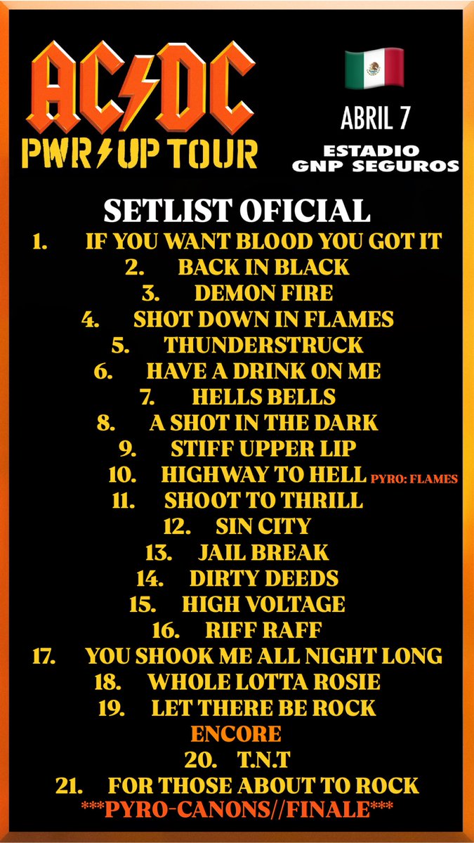 ailoviutl's tweet image. Les comparto el SETLIST OFICIAL de: AC/DC @ Estadio GNP Seguros; CDMX, México 🇲🇽 Martes 7 de Abril del 2026 🗓️ PWR UP WORLD TOUR ⚡️🤘🏽

🚨 Repertorio con la lista exacta de canciones que cantarán esta noche 🚨

#ACDC #Concert #Concierto #CDMX #México #Music #Música #Ailoviutl