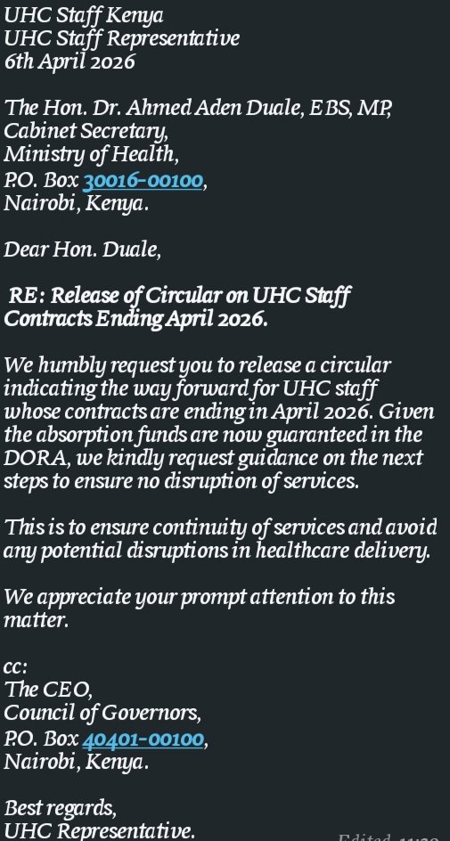 What's the way forward for <a href="/UHCmedicsKe/">UHC Medics ke🐦</a> <a href="/uhckenya254/">UHC KENYA 🎭</a> <a href="/UHCWorkers_KE/">UHC Kenya Workers Official</a> 
Cc <a href="/HonAdenDuale/">Hon. Aden Duale, EGH</a> <a href="/fnoluga/">Dr. Ouma Oluga, OGW</a> <a href="/MOHMedServices/">State Department for Medical Services</a> <a href="/psmuthoni/">Mary Muthoni Muriuki, CBS, HSC</a> <a href="/KTNNewsKE/">KTN News</a> <a href="/StandardKenya/">The Standard Digital</a> <a href="/citizentvkenya/">Citizen TV Kenya</a> <a href="/ntvkenya/">NTV Kenya</a> <a href="/KenyaGovernors/">Council of Governors</a>