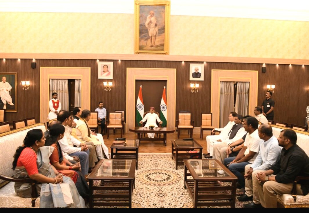 WHF_Global's tweet photo. WHF delegation led by WHF President Ajaya Singh along with National Chapter office bearers, paid a courtesy visit to Hon’ble Governor of Telangana, Shri Shukla &amp; briefed him on upcoming Hyderabad Conference &amp; highlighted social initiatives undertaken by World Hindu Federation https://t.co/c3ggQhE2FD