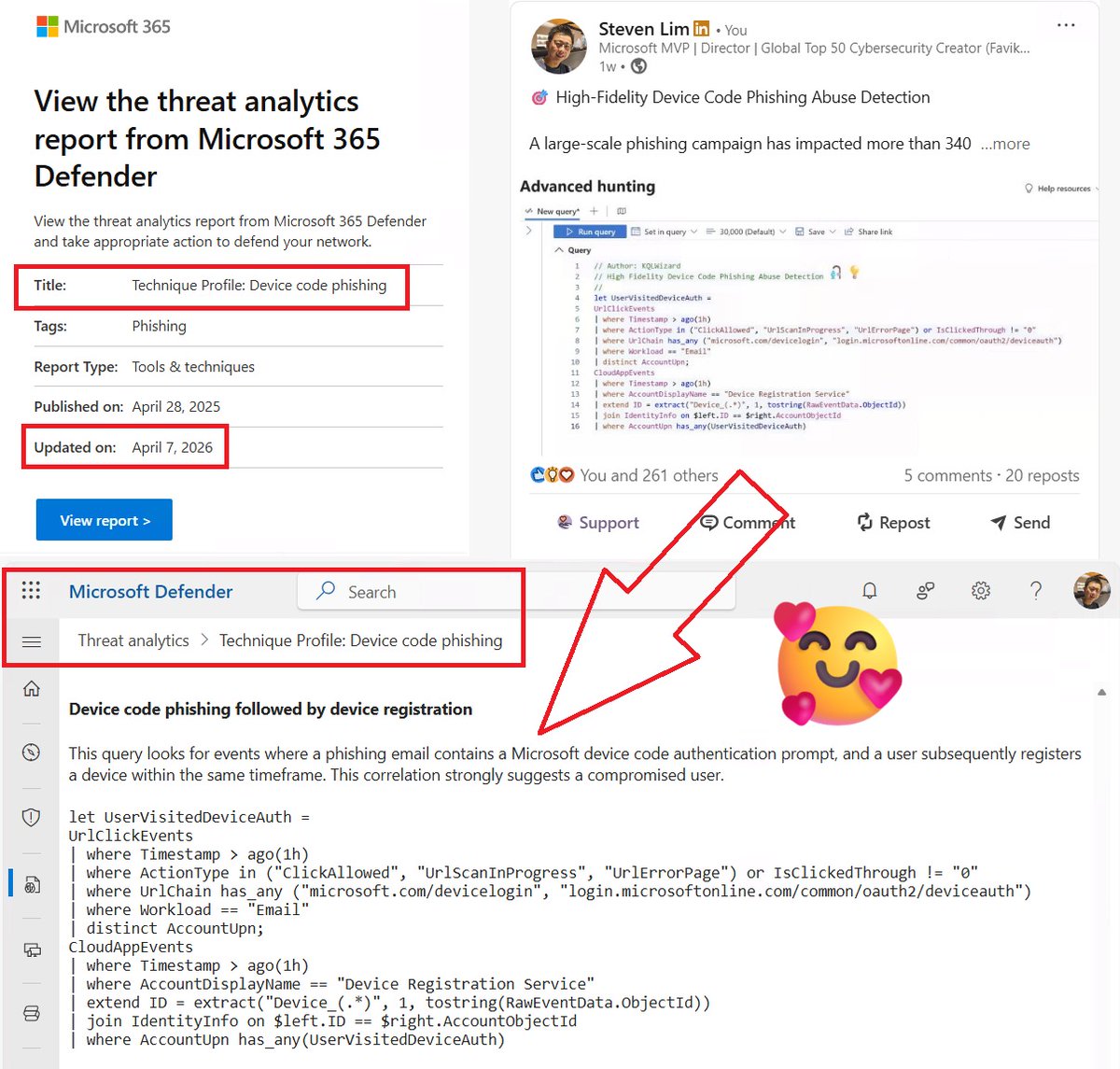 0x534c's tweet image. 💖 Featured on a Microsoft Threat Intelligence Article

This morning, I received an email notification that the Defender XDR Threat Intelligence – Technique Profile: Device Code Phishing had been updated. Excited to learn about new detection methods for device code phishing, I