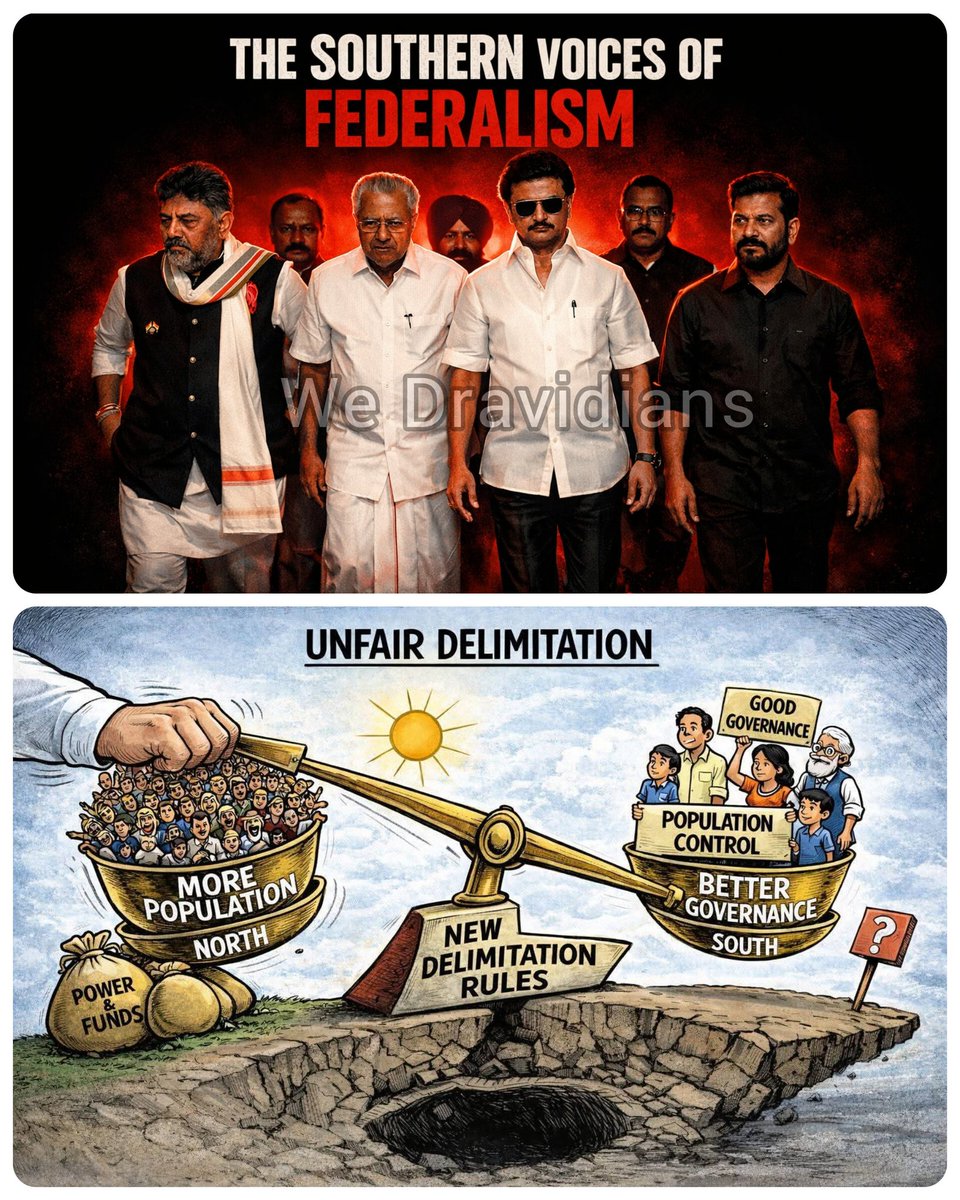 WeDravidians's tweet photo. #DelimitationDanger: Is India sliding into dictatorship?

Do not turn a calm South into a storm.

Hon’ble PMO India Thiru. Narendra Modi must answer these fair and pressing questions raised by the people of the South.

❓ Why is the Union BJP Government shrouding the entire delimitation process in secrecy instead of coming clean on how it intends to carry it out?

❓ In 2001, former Prime Minister Vajpayee deferred delimitation for 25 years in the national interest. What is Prime Minister Modi’s answer to the just and reasonable demand of southern states to follow the same path today?

❓ What is the tearing hurry to convene a special session of Parliament right in the middle of five state elections?

❓ Why is the Union Government brushing aside the fair and reasoned demand of Opposition leaders to hold the special session only after April 29? What is it trying to hide?

❓ Forcing through far reaching constitutional amendments without even convening an all party consultation is nothing short of dictatorship.

❓The questions raised by the Opposition and the media are not being answered. Will at least the questions of the people be answered?

🌄 The DMK will not stand by and watch any attempt that places the rights of southern states at stake while handing greater power to the North.

💪🏾 This is the future of the people who live here. Any decision taken without our consent, without even engaging with us, will not be accepted, come what may.

The South demands #FairDelimitation!

@mkstalin